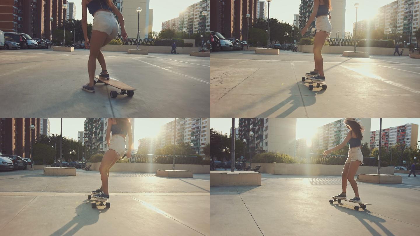 女子街头玩滑板时尚年轻女子嘻哈文化