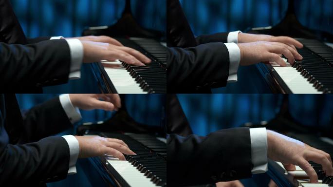 男性手弹钢琴。弹奏琴键优雅