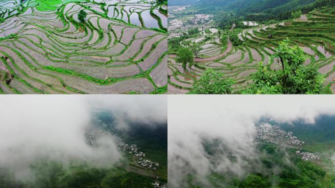 航拍高山云雾婺源江岭蓄水后的梯田