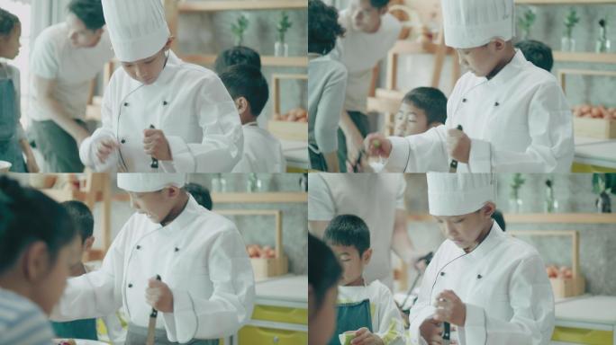 孩子们在学校的烹饪课上学习制作果汁