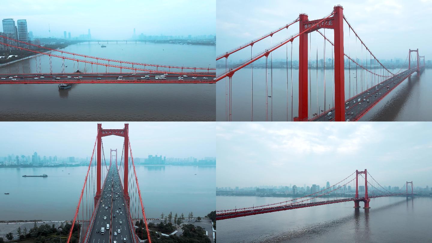 橙蓝灰色调武汉鹦鹉洲大桥4K航拍