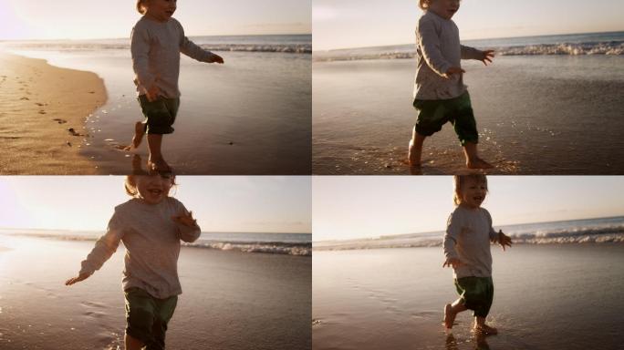 在沙滩奔跑的孩子小孩幼儿大海海边自由快活