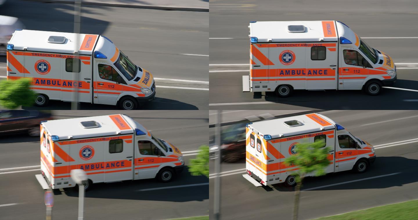 救护车在阳光下行驶在城市的道路上