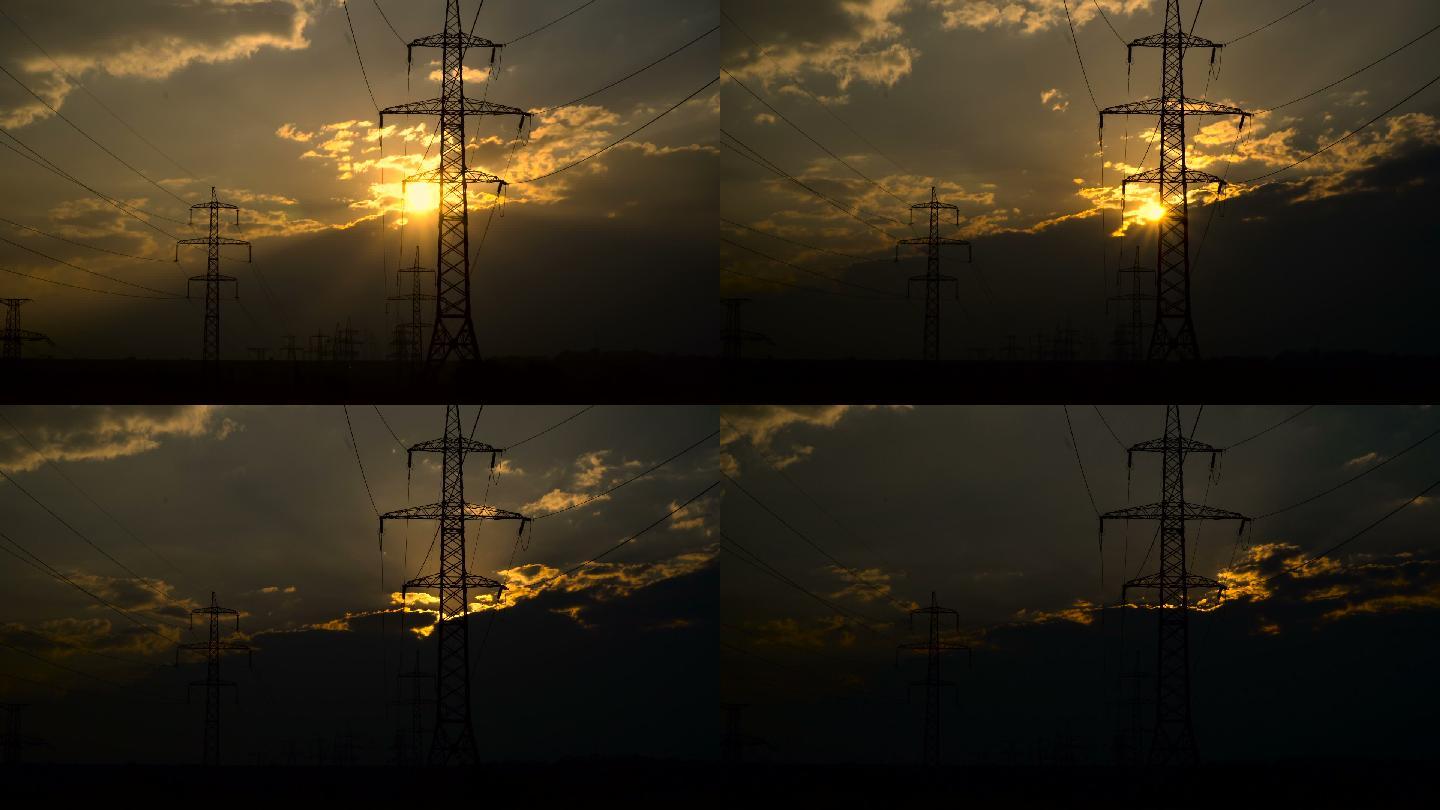 日落时的高压电线通信站变电站中国南方5G