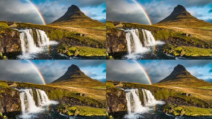 瀑布和美丽彩虹的超慢镜头。
