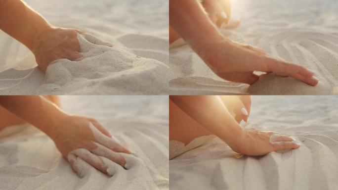 触摸海滩上的白色沙子