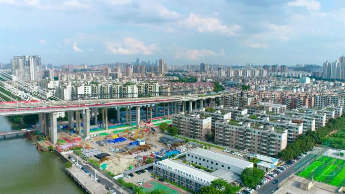 航拍广州番禺施工工程建设城市规划洛溪大桥
