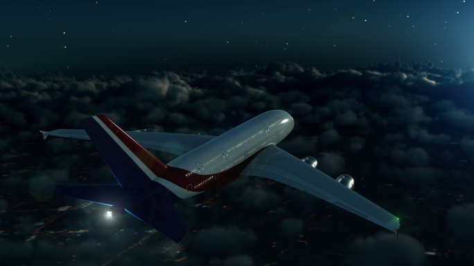 夜间在云层上空飞行的商用飞机