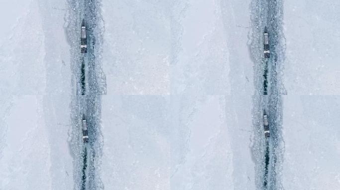 游船漂浮在结冰的湖表面