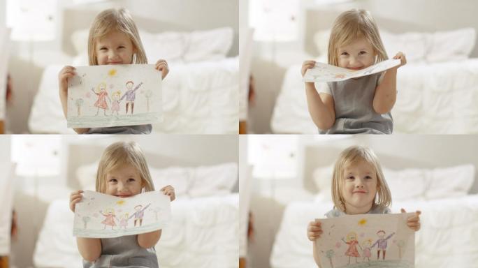 可爱的小女孩展示她画的一个家庭