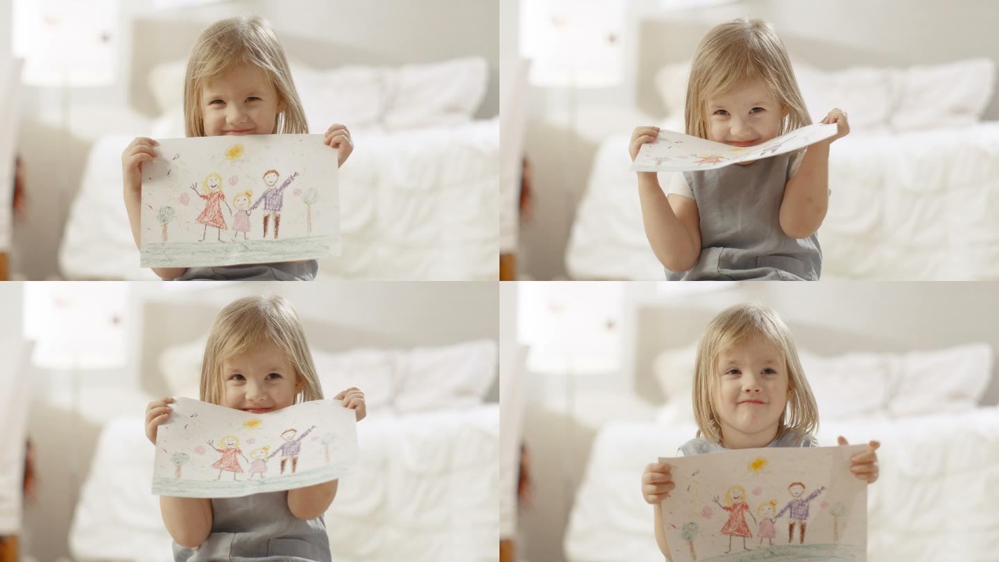 可爱的小女孩展示她画的一个家庭