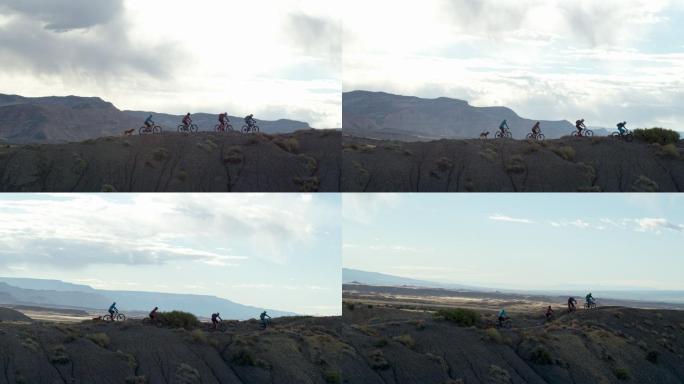空中拍摄的四个山地自行车骑手