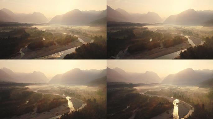 黎明下的河流晨雾云雾缥缈4K航拍晨曦清晨