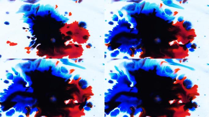 深蓝色和红色水彩墨水滴和扩散在白纸视频素
