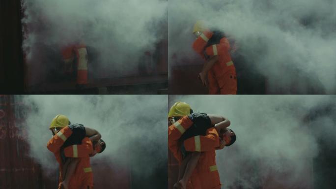 消防队员帮助和保护一个小男孩