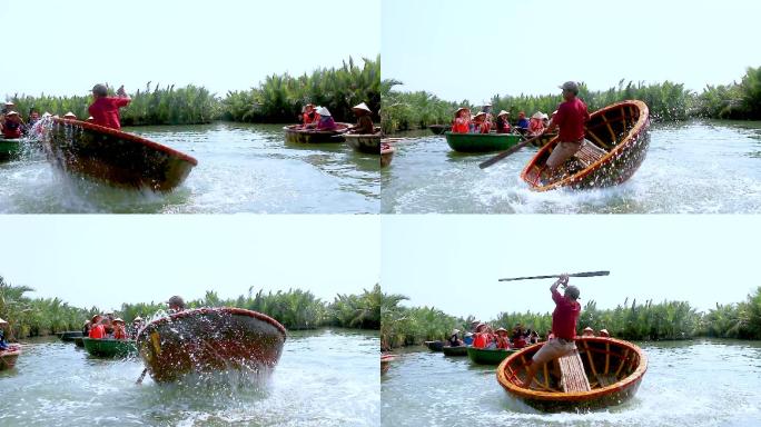 越南旅游水上簸箕船表演