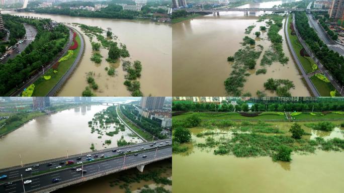 4K浏阳河雨季涨水洪水航拍空镜