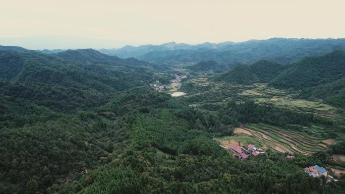 航拍湖南稻田梯田山脉新农村