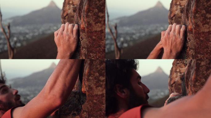 攀岩时攀岩者紧握手的特写镜头