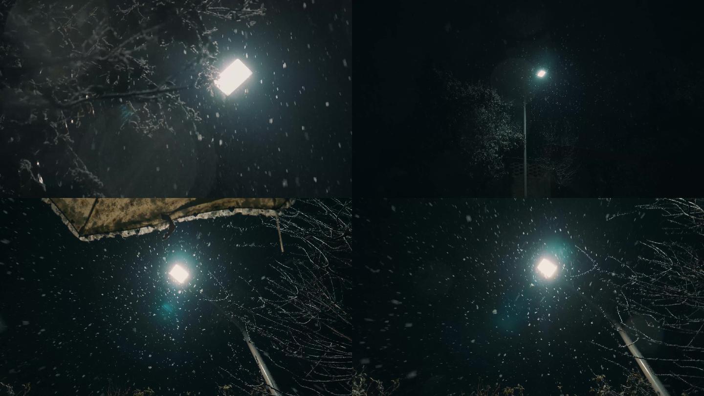 4k实拍冬天夜景下雪