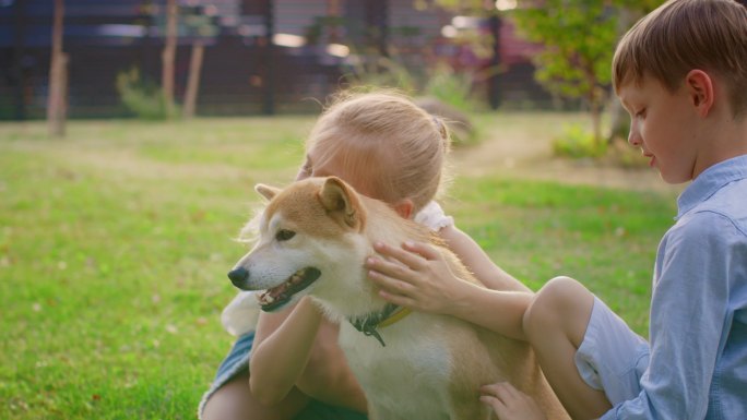 小男孩和小女孩在院子里与狗狗玩耍