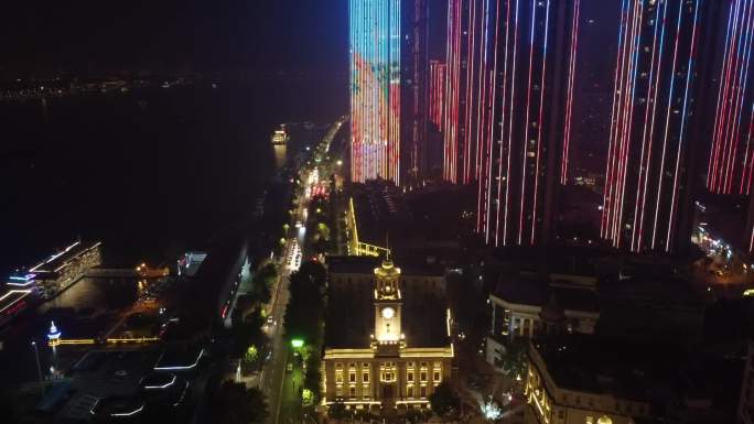 武汉地标 江汉关大楼夜景航拍