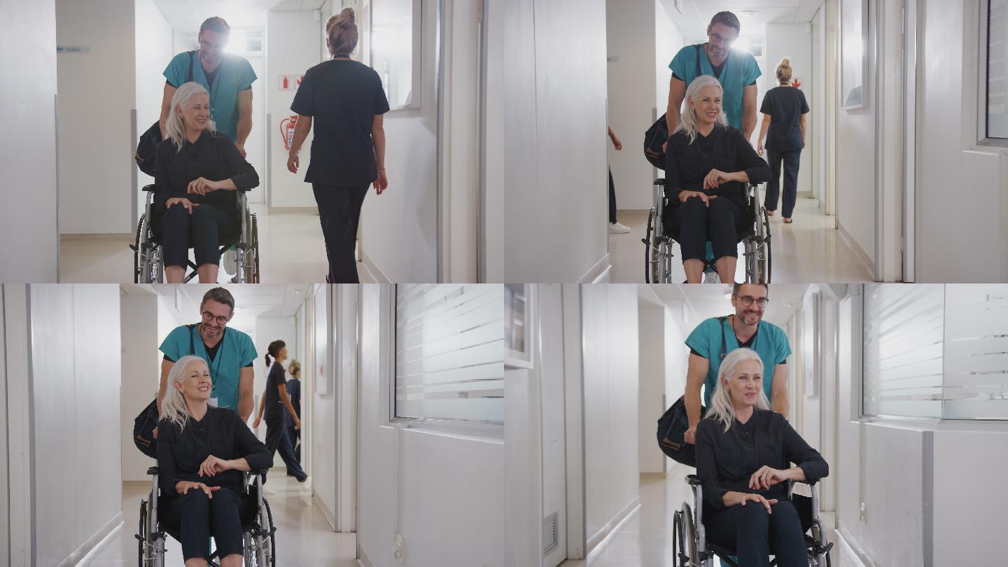 男护工推着出院的坐轮椅的老年女病人
