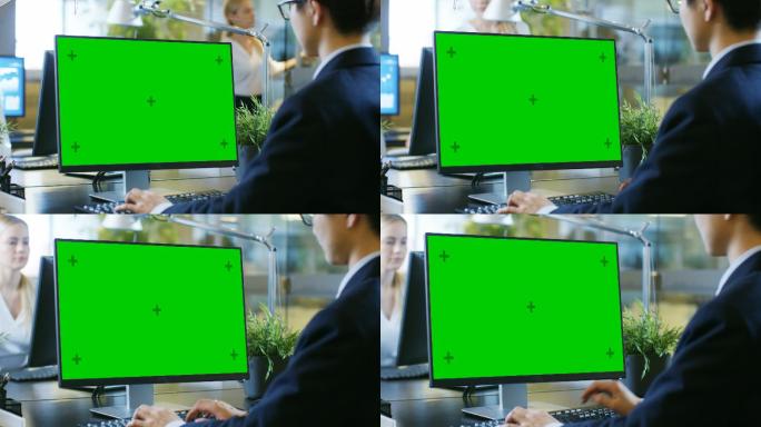 办公室里使用电脑绿屏蓝屏抠像抠图敲键盘鼠