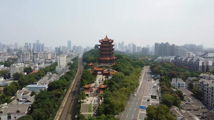 湖北武汉地标黄鹤楼 武广高铁 航拍