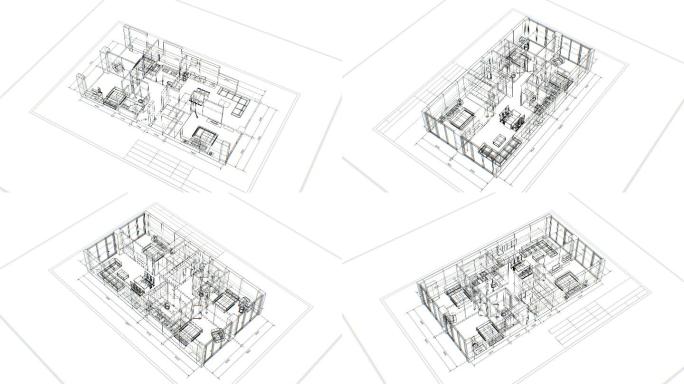 建筑蓝图4K图纸虚拟现实技术线条生长动画