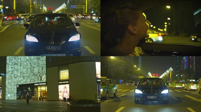 一家人夜晚开车穿行城市视频