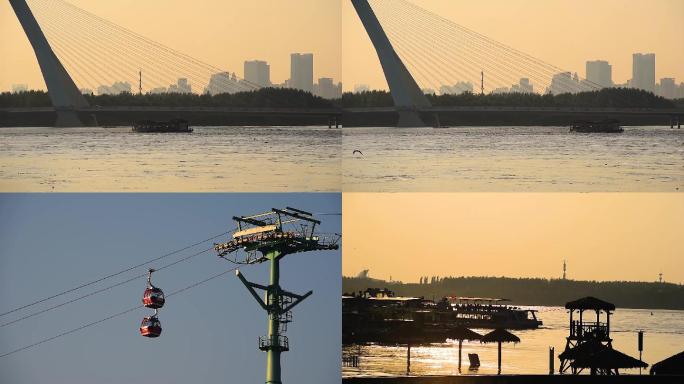 高清黄昏江边太阳岛游船索道空镜头