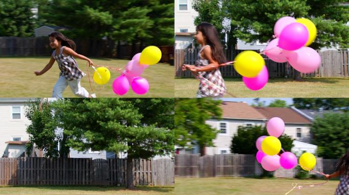 小女孩拿着气球奔跑