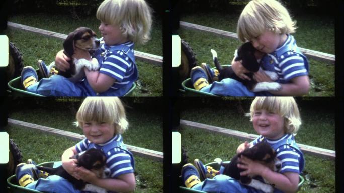 小孩拥抱小狗