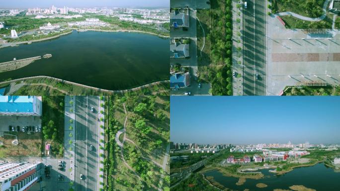 5.4k航拍城市中的水上公园和整齐的街道