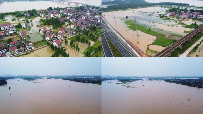 航拍汛期农村洪涝灾害淹没村庄和农田