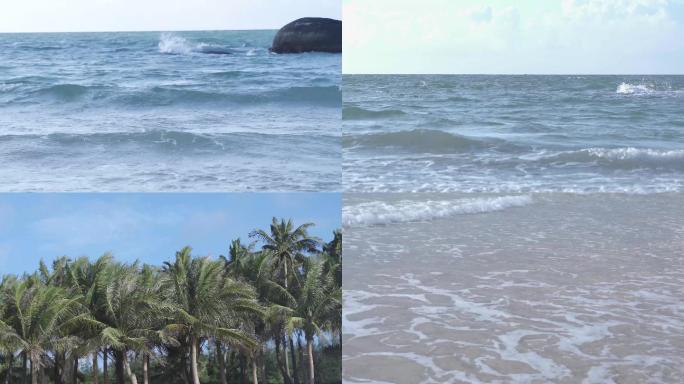 海南海水蓝天白云海边椰子树海浪（4K）