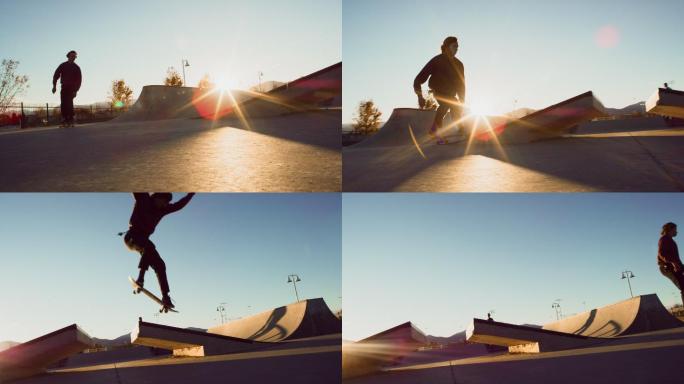 滑板表演青少年夕阳下滑滑板滑板公园极限运