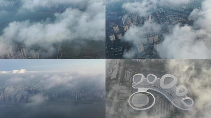 平流雾下的眉山市东坡区城市航拍视频素材