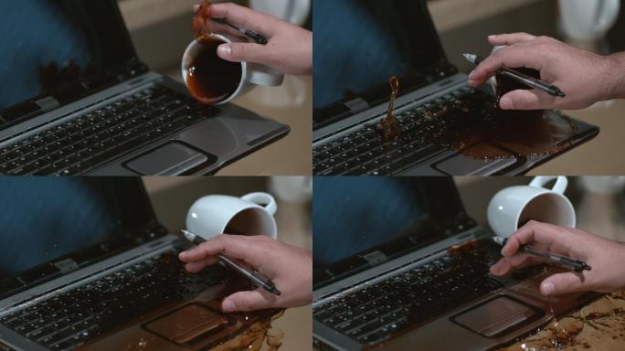 咖啡洒在笔记本电脑上慢动作