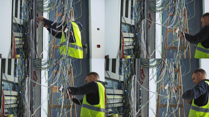 男电工在安装电缆和电线
