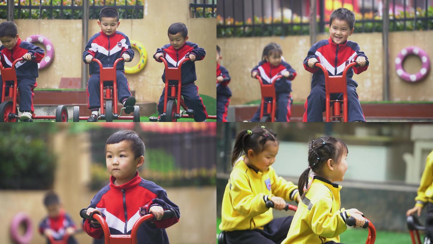 小朋友开心骑单车课间活动幼儿园