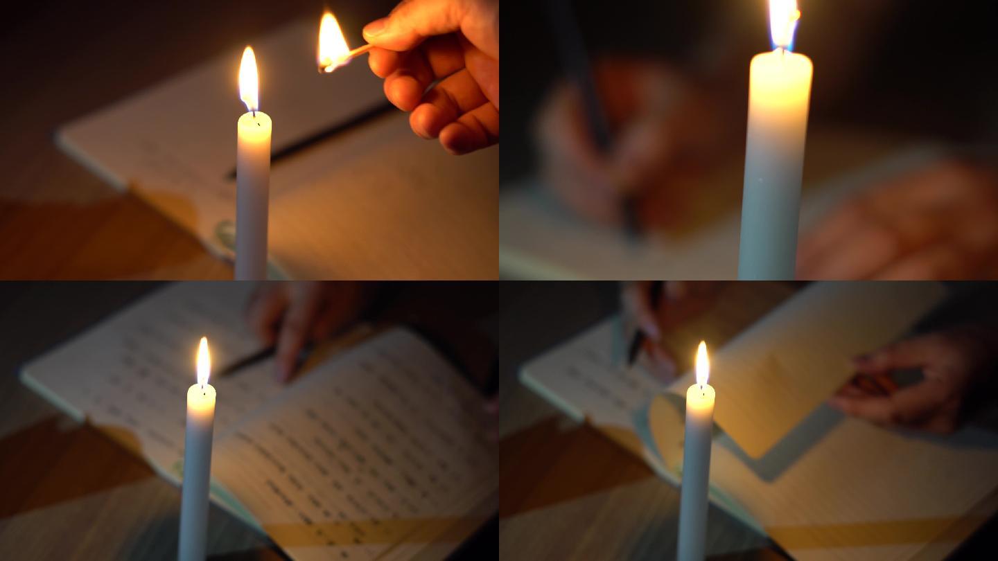 点燃蜡烛勤奋刻苦写字学习看书