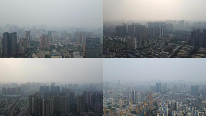 航拍成都西门老城区阴天大气污染PM2.5