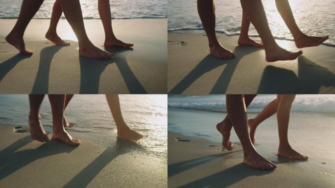 在海滩散步的情侣脚步散心幽会海岸线海浪比