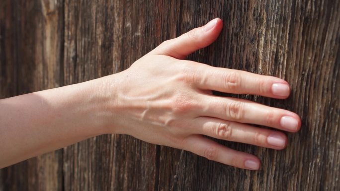 女性的手触摸坚硬粗糙的木材表面