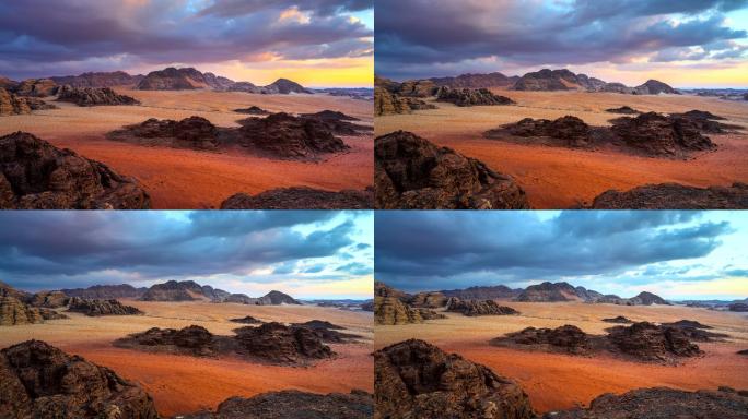 日落场景约旦的瓦迪拉姆沙漠