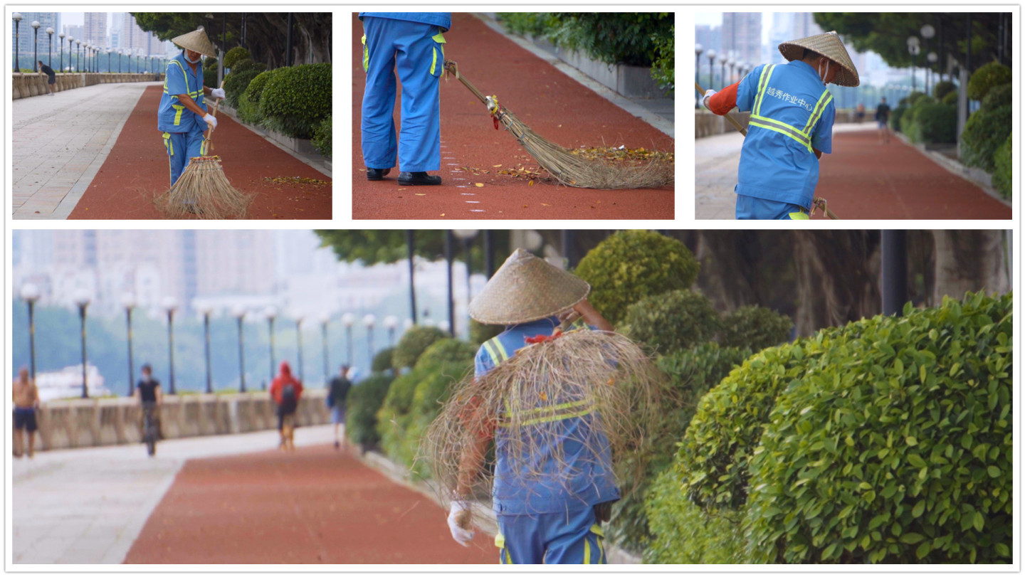 广州环卫工人扫地（含动作特写升格）