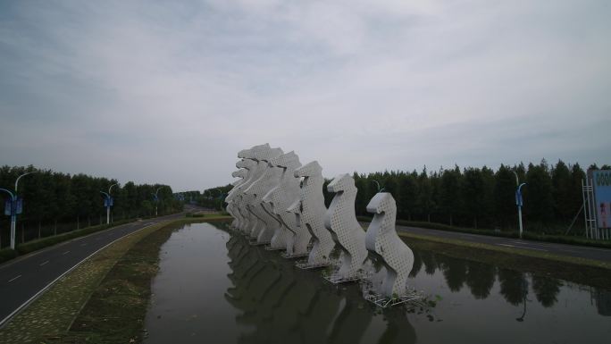 4K淮安白马湖标志性建筑白马雕塑