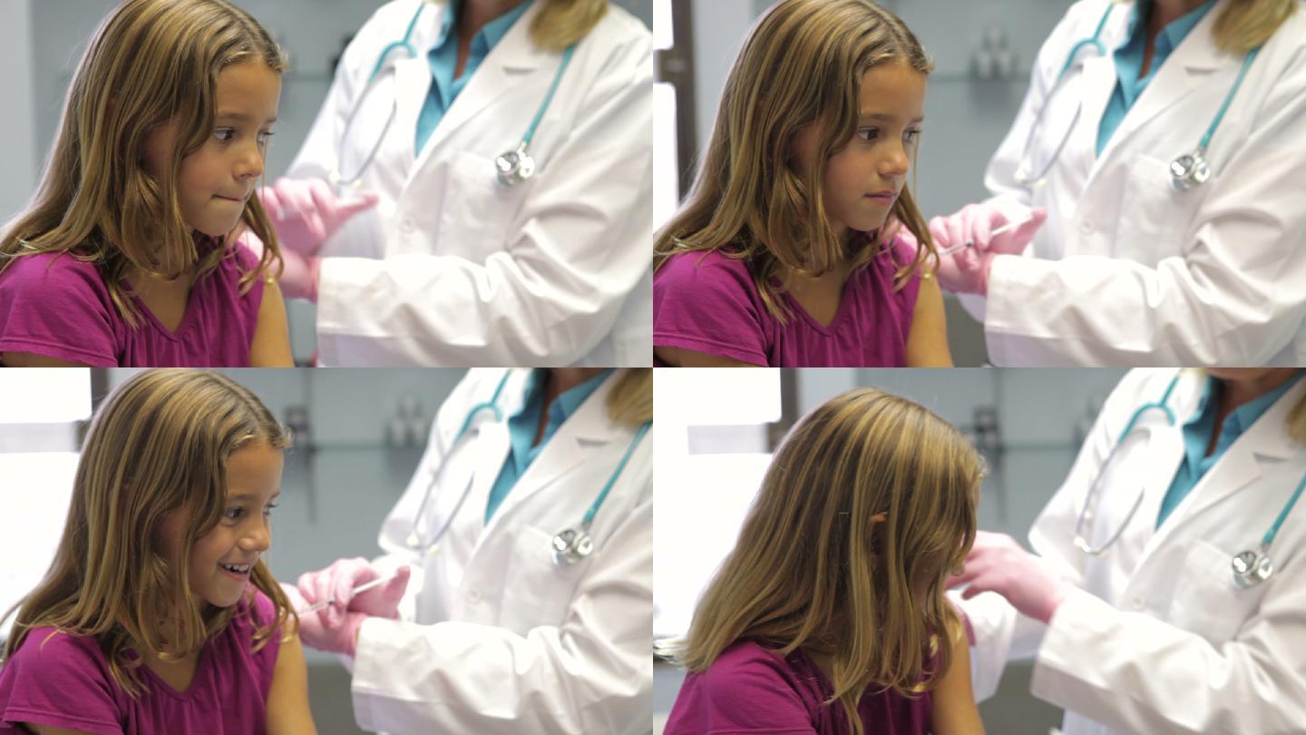 医生给小女孩打针，打疫苗